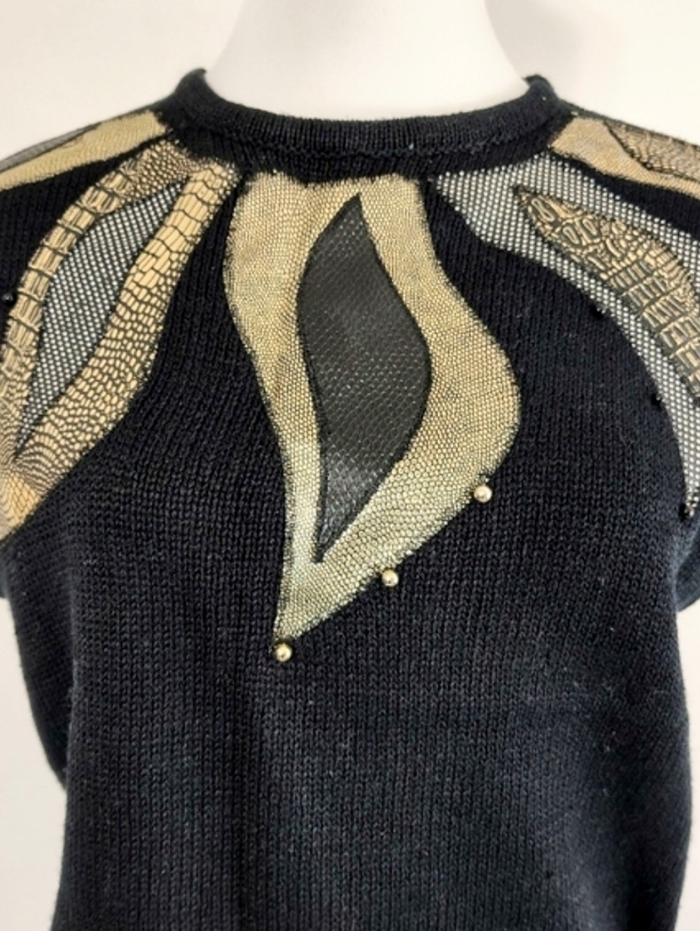 Vintage 80s Evian Women's Black Patchwork Sweater Top Size Large Glam Maximalist - Picture 5 of 10